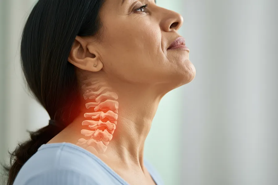 Degenerative-Disc-Disease-Clinic A profile view of a middle-aged woman looking upward, with a translucent overlay graphic showing the cervical vertebrae in orange along her neck. ProCare Wellness Institute offers expert Degenerative Disc Disease Treatment in Savannah.