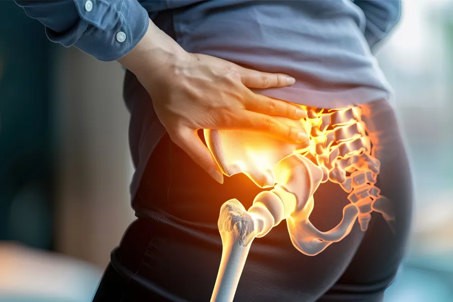Hip-Pain-Clinic A person from the side, holding their lower back and hip area with a visible digital overlay highlighting the skeletal structure of the hip and lower spine in bright orange, indicating pain or inflammation. Receive Hyaluronic Acid Injections for Hip Pain by ProCare Wellness Institute in Savannah.