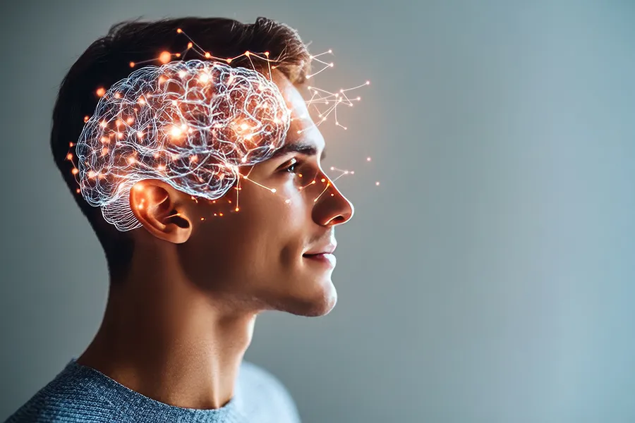 Neuromodulation-Clinic Side profile of a man looking to the left, with a visual representation of a brain highlighted on his head. The brain is glowing with orange and white lights symbolizing brain stimulation representing expert Neuromodulation Therapy by ProCare Wellness Institute in Savannah.