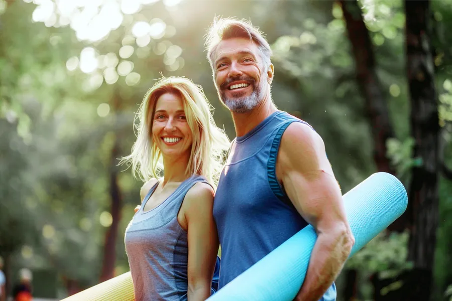 A happy middle-aged couple in workout clothes preparing for a yoga class in the woods. Schedule a pain management consultation from ProCare Wellness Institute in Savannah.