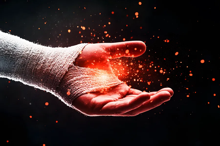 Red-Light-Therapy-for-Wound-Care-Clinic Close up of a hand, wrapped in bandage with a burst of red light in their palm. Call ProCare Wellness Institute in Savannah to schedule a red light therapy for wound care consultation.